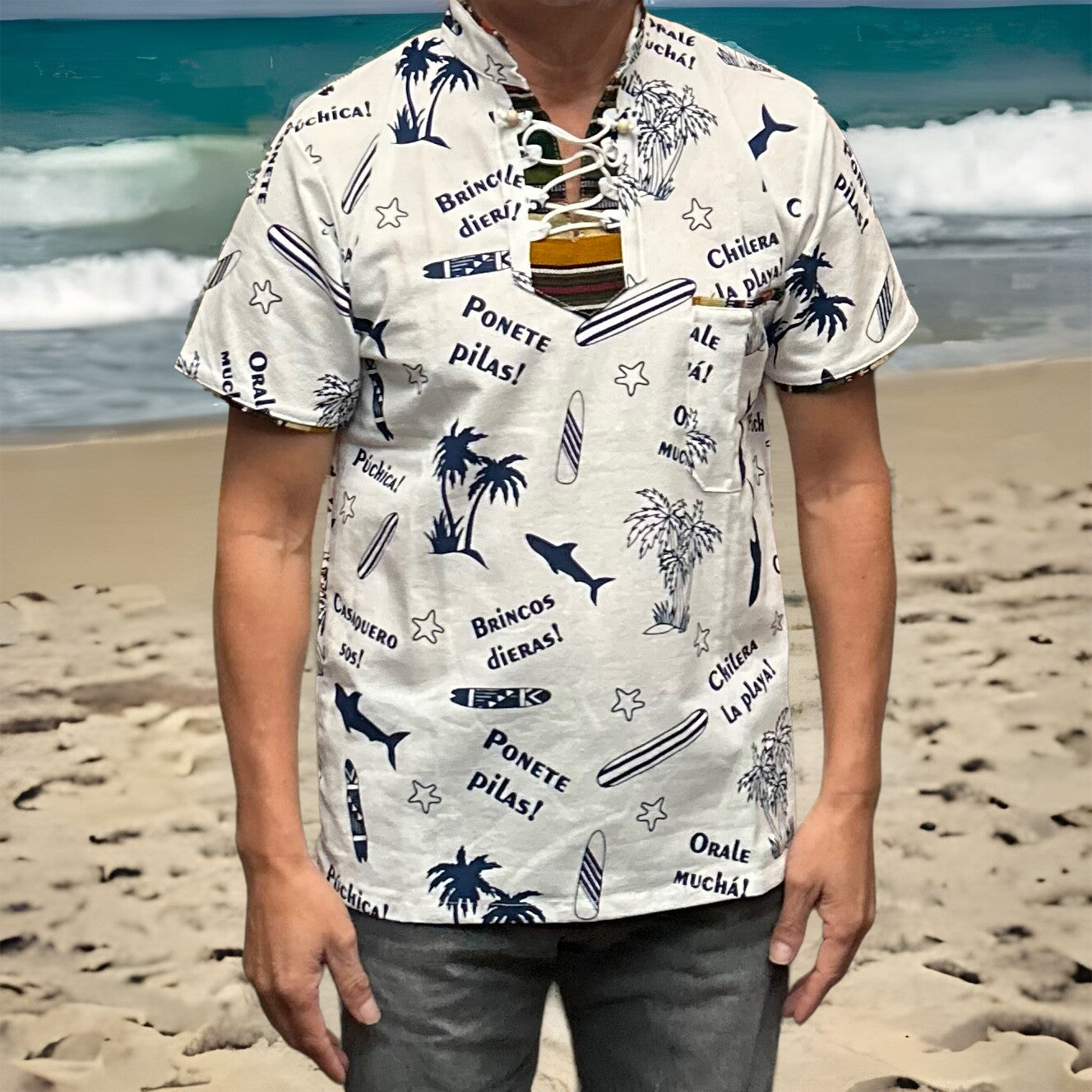 GUATEMALA Polo Beach Shirt, 100% Linen, with traditional Guatemalan sayings, M